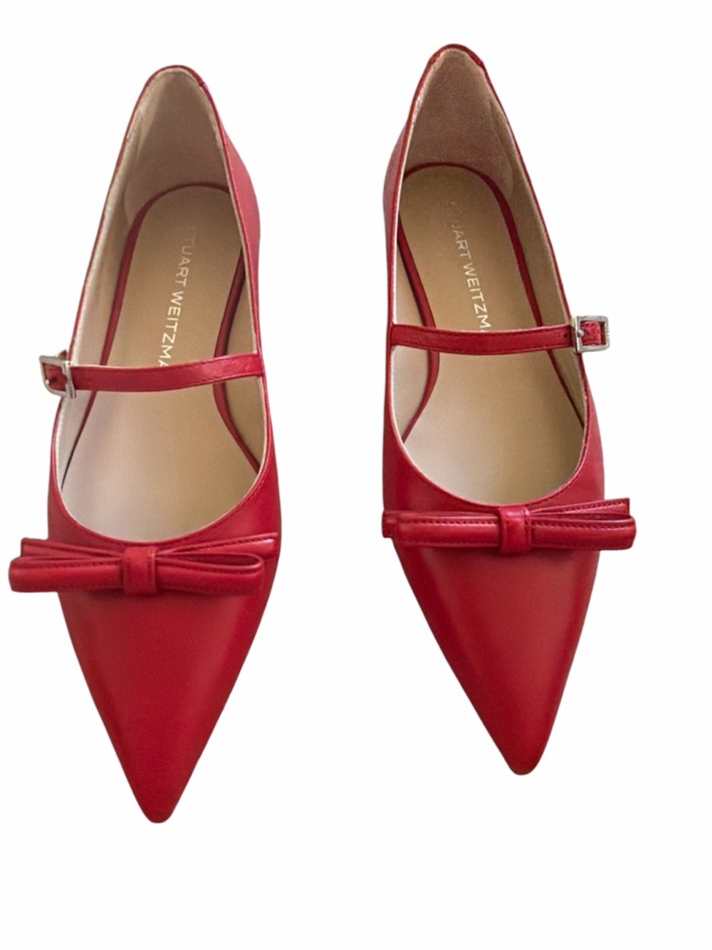 Stuart Weitzman Red Pointed Mary Jane Flats with Bow Strap
